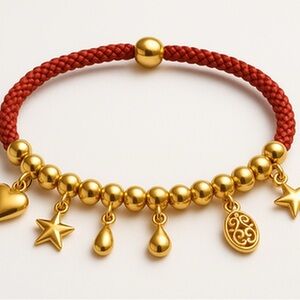 Gold Charm Bracelet with Red Cord